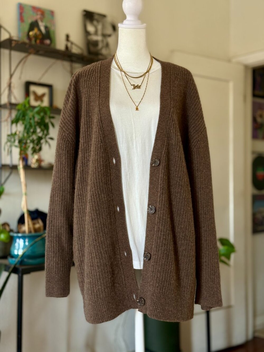 Mongolian Cashmere Oversized Boyfriend Cardigan Sweater | Brown (Size L)